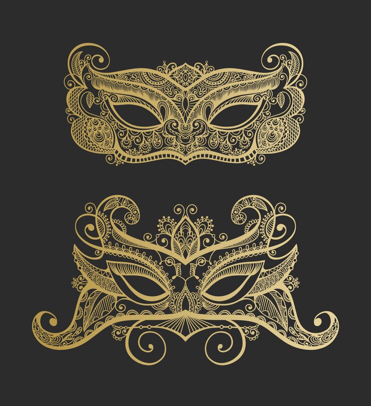 Vettore set di due silhouette di maschera in pizzo carnevale veneziano lineart oro