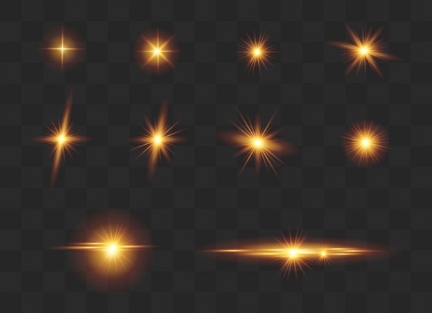 Set di effetti di luce, riflesso lente, glitter, linea, flash solare.