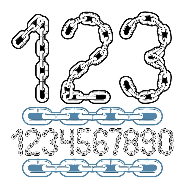 Set di eleganti cifre vettoriali, collezione di numeri moderni. Fantastici numeri da utilizzare come elementi di design del poster. Creato utilizzando un collegamento a catena collegato in metallo.