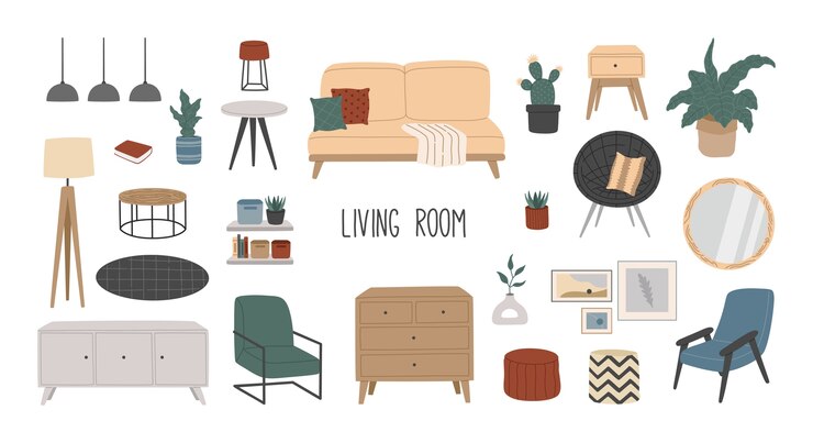 Vettore set di eleganti mobili scandinavi per soggiorno, interni domestici hygge.
