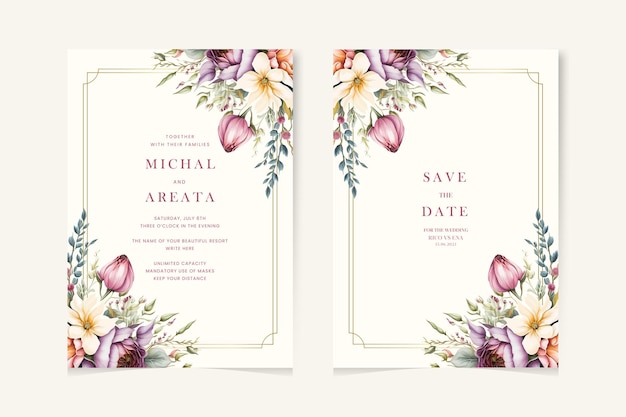 Set di eleganti modelli di inviti da matrimonio ad acquerello con fiori verdi