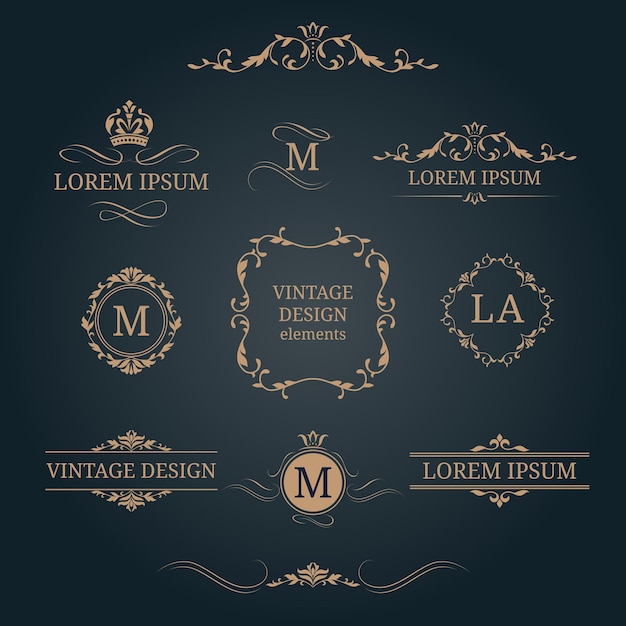 Set di eleganti monogrammi floreali e bordi
