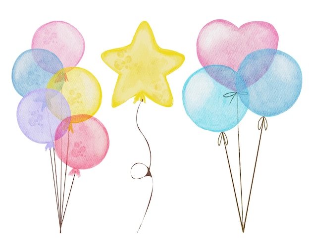 Set di elementi acquerello isolati a palloncino con stelle colorate di cuori rosa e blu