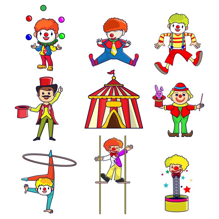 Set di elementi animali da circo Clown da circo Cartoon clown giocoleria divertente costume naso clown con palloncino ridere clown faccia Illustrazione vettoriale set di icone isolate