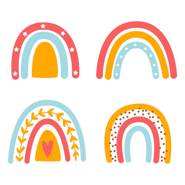 Set di elementi arcobaleno colorato in stile boho Illustrazione vettoriale