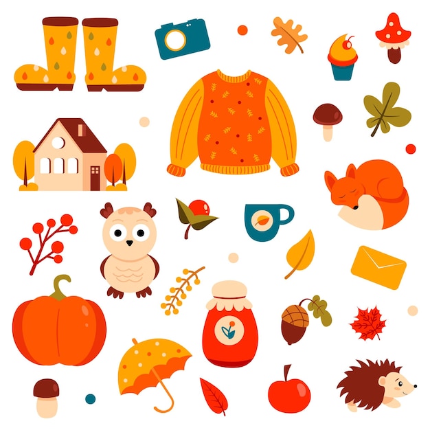 Set di elementi colorati autunnali per il design. Illustrazione vettoriale.