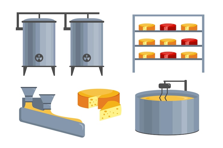Vettore set di elementi della fabbrica di formaggio in stile cartone animato illustrazione vettoriale con elementi per la cottura e la maturazione dei calderoni di formaggio un rack con formaggi isolati su uno sfondo bianco
