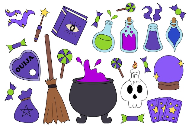 Set di elementi della strega di Halloween Bottiglie di veleno del calderone Ouija libro magico tarocchi palla magica manico di scopa