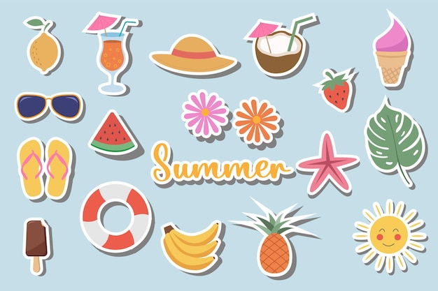Set di elementi delle vacanze estive illustrazione vettoriale adesiva