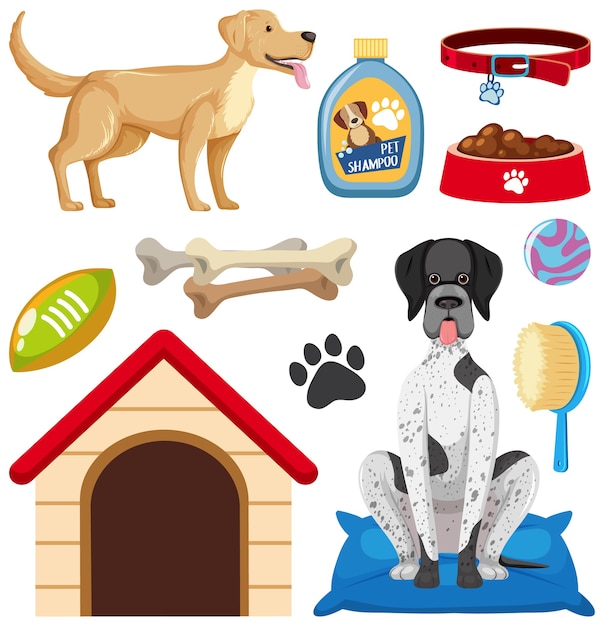 Set di elementi di cane isolati su sfondo bianco