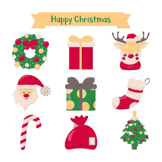 Set di elementi di clip di Natale Illustrazione vettoriale in stile disegnato a mano