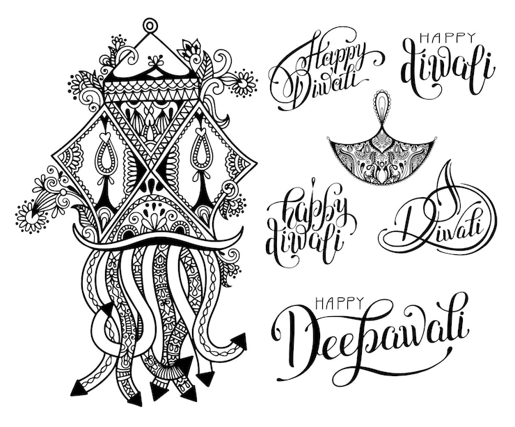 Set di elementi di design con disegno a mano in bianco e nero per la celebrazione del Diwali
