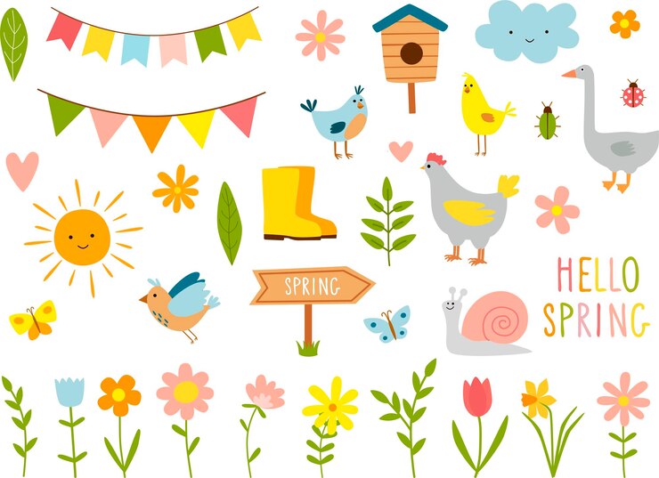 Set di elementi di design dei cartoni animati da giardino Stivali di gomma uccelli e fiori Illustrazione vettoriale
