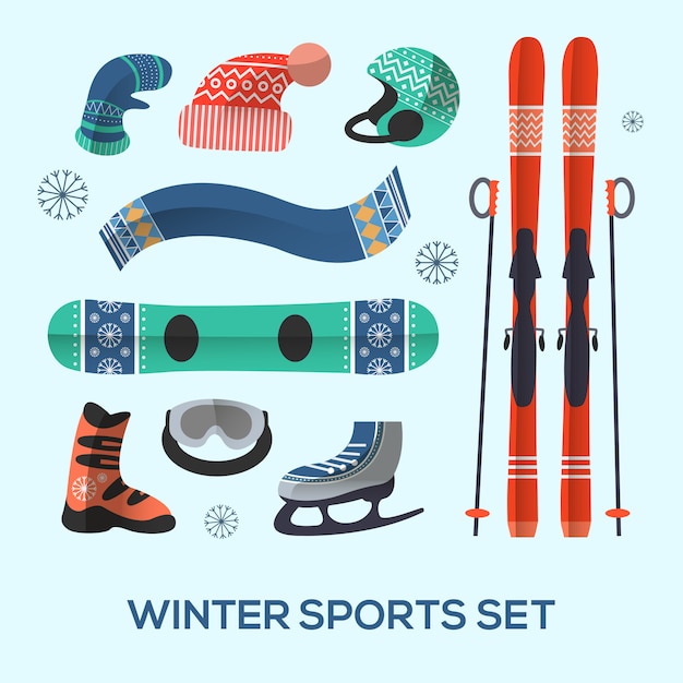 Set di elementi di design di sport invernali. Icona di sport invernali in stile piano.