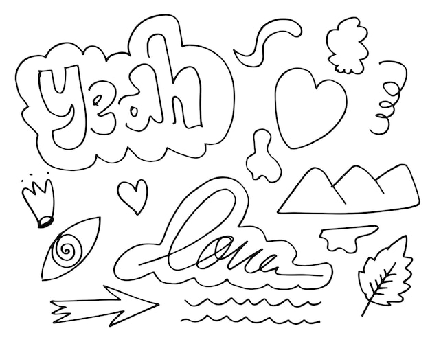 Set di elementi di design doodle, cuore montagne foglia swir leye e altri.