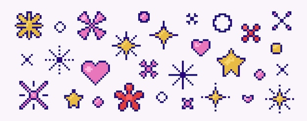 Set di elementi di design pixelati stelle cuori fiori cerchi varie forme con effetto raster
