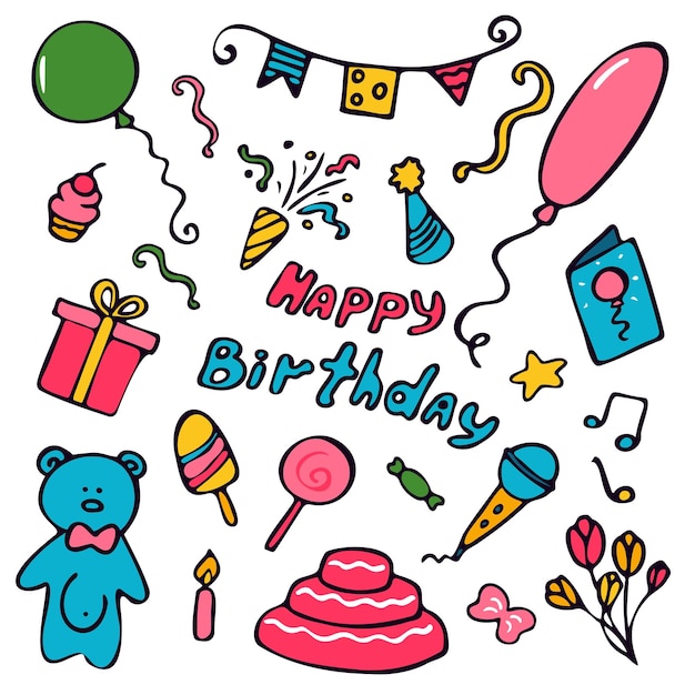 Set di elementi di doodle di buon compleanno isolati su sfondo bianco Adorabili elementi di design creativo