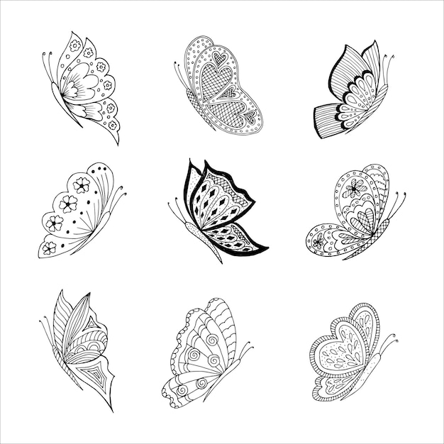Set di elementi di doodle di farfalle disegnati a mano per colorare la cartolina dell'invito