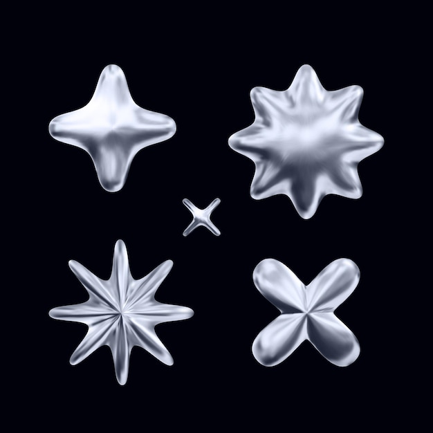 Set di elementi di forma metallica monocromatica 3D per il design in stile Y2K su sfondo nero