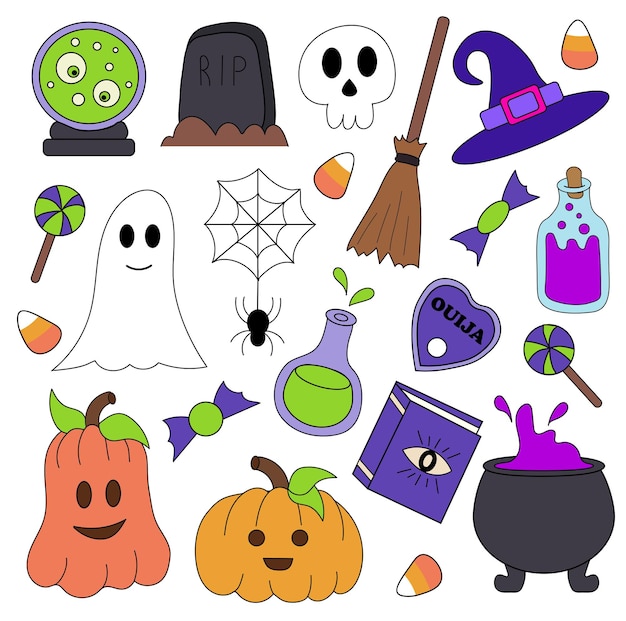 Set di elementi di Halloween Illustrazione vettoriale con zucche lapide cranio fantasma cappello da strega calderone
