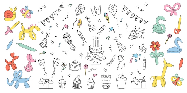 Set di elementi di Happy Birthday doodle isolati su sfondo bianco Illustrazione vettoriale