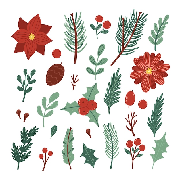 Set di elementi di Natale e Capodanno disegnati a manoraccolta di vettori invernali e festivi