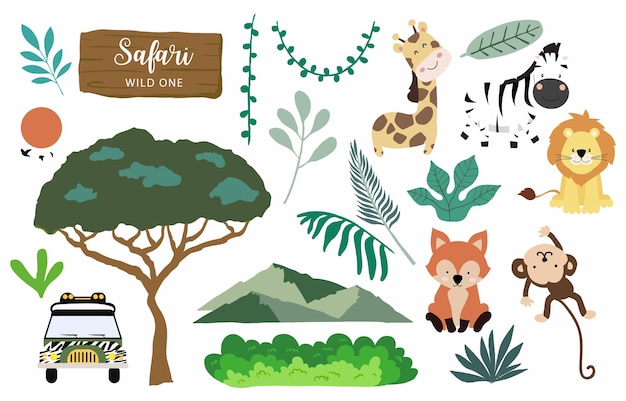 Set di elementi di oggetti safari con auto animali e albero
