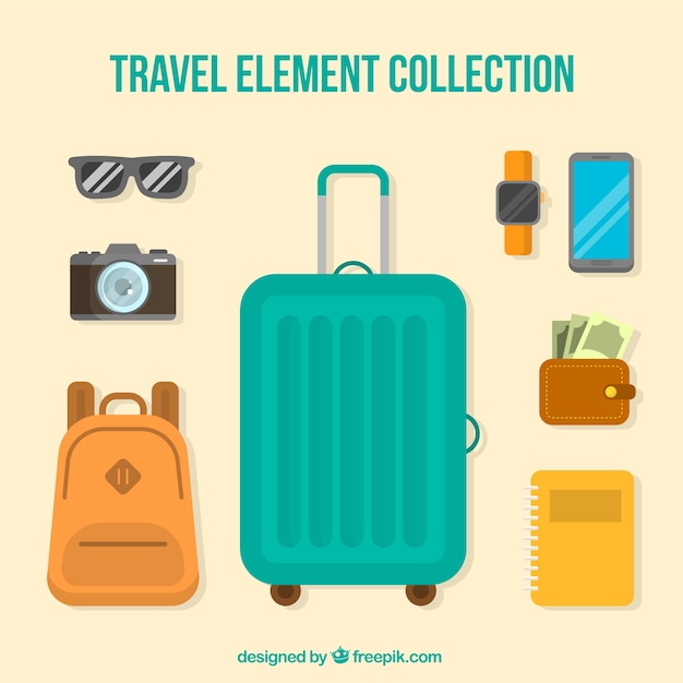 Set di elementi di viaggio in stile piatto