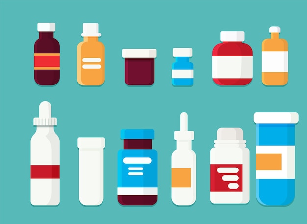 Set di elementi farmaceutici Medicinali prodotti medici Illustrazione vettoriale in stile cartone animato piatto