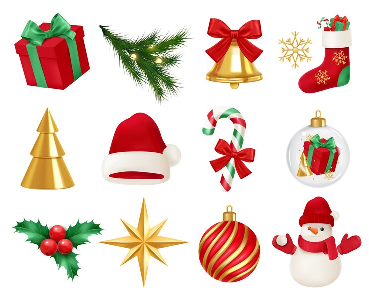 Vettore set di elementi festivi di natale per il regalo di design albero di natale campana fiocco di neve calza cappello di babbo natale