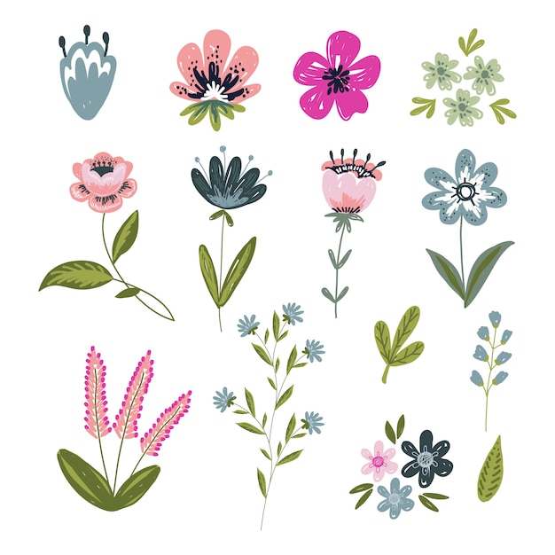 set di elementi floreali isolati con fiori disegnati a mano.