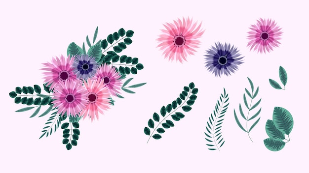 Set di elementi floreali isolati illustrazione vettoriale di fiori viti elementi di design