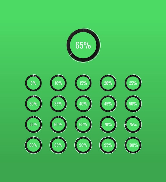 Set di elementi infografici grafico a torta con elementi rotondi neri su sfondo verde