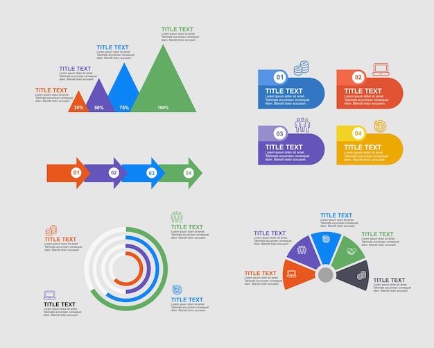Set di elementi infografici Processo di flusso di marketing e grafici percentuali Collezione di elementi infografici
