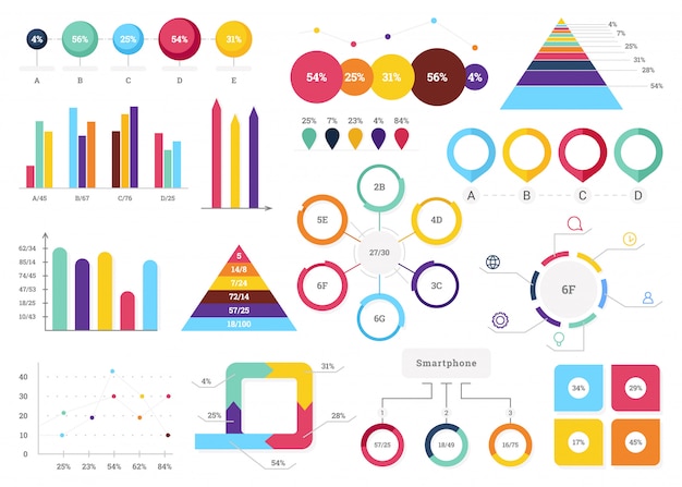 Set di elementi infographic più utili: grafici a barre, grafici a torta, passaggi e opzioni