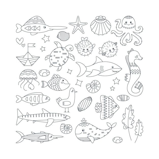Set di elementi marini alghe pesce squalo balena cavalluccio marino conchiglie meduse Line art