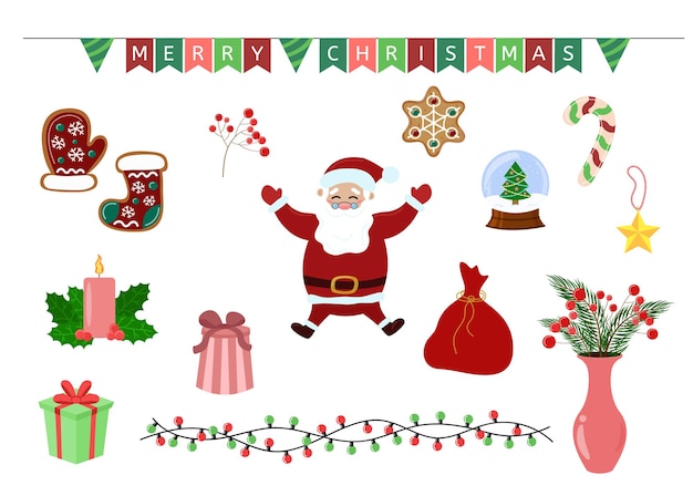 Set di elementi natalizi Decorazioni natalizie e Babbo Natale isolato su sfondo bianco