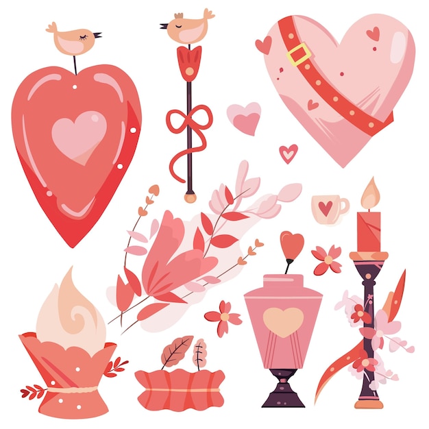 Set di elementi per il giorno di San Valentino Cuore su sfondo bianco Set di adesivi d'amore