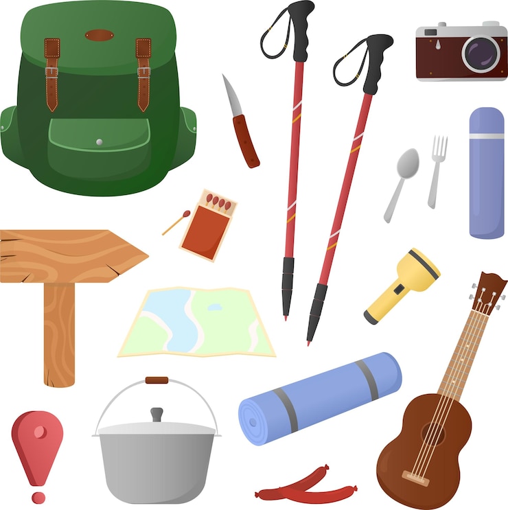 Vettore set di elementi per il turismo escursionismo e trekking zaino bastoncini scandinavi coltello