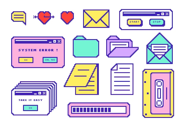 Set di elementi per pc retrò Vecchia finestra dell'interfaccia utente Stile retrowave anni '90 Finestra di messaggio retrò con pulsanti Illustrazione vettoriale di UI e UX