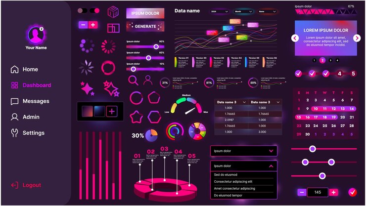 Vettore set di elementi ui per pulsanti ai, pannelli, cursori, icone e altri componenti progettazione cibernetica futuristica