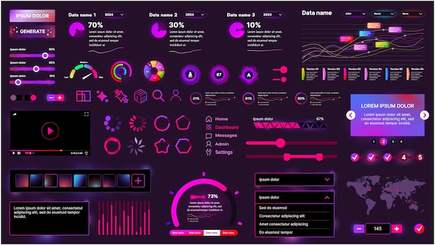 Set di elementi UI per pulsanti AI, pannelli, cursori, icone e altri componenti Progettazione cibernetica futuristica