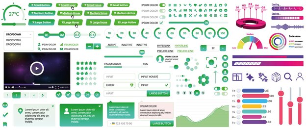 Set di elementi UIUX per siti web e applicazioni mobili, pulsanti, moduli, menu e pannelli