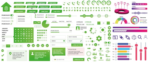 Set di elementi UIUX per siti web e applicazioni mobili, pulsanti, moduli, menu e pannelli