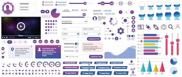 Set di elementi UIUX per siti web e applicazioni mobili, pulsanti, moduli, menu e pannelli