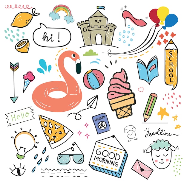 Set di elemento di design e icona in stile doodle