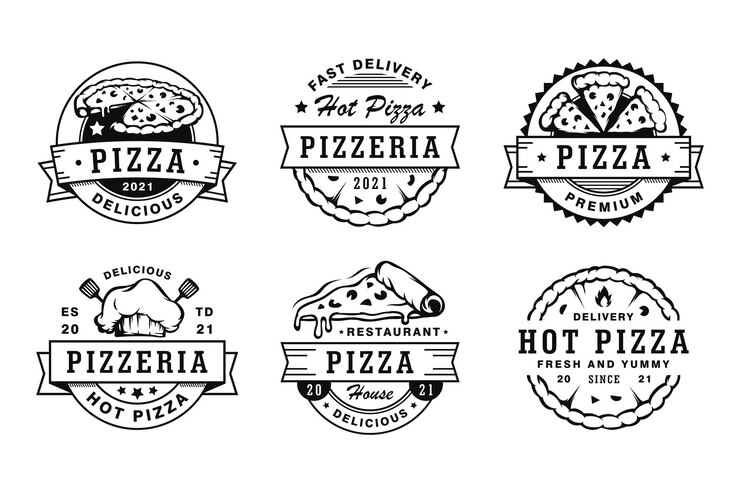 Set di emblemi e logo di distintivi per pizza vintage