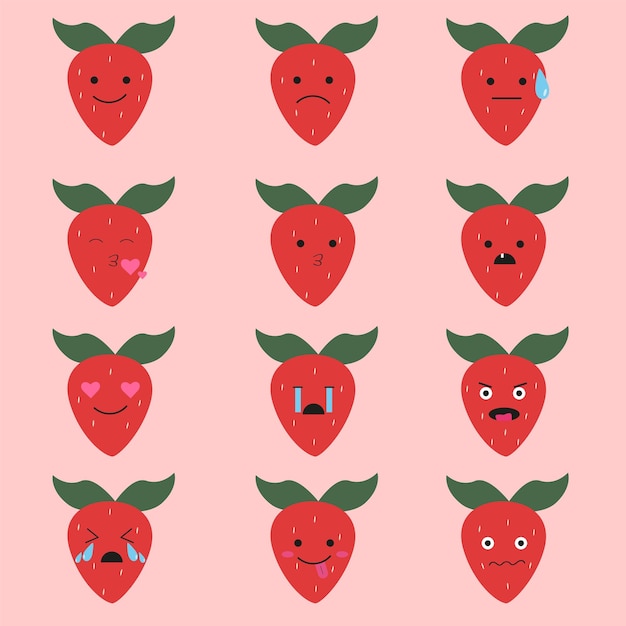 Set di emoji fragola Grafica vettoriale di diverse emozioni