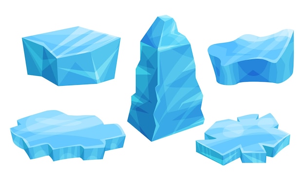Set di enormi pezzi di ghiaccio blu alti e piatti Illustrazione vettoriale