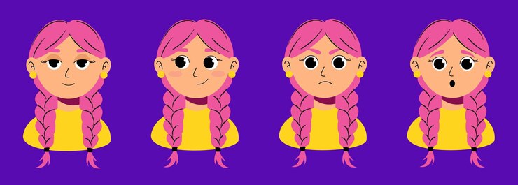 Vettore set di espressioni facciali di una ragazza con i capelli rosa e due coda con varie emozioni